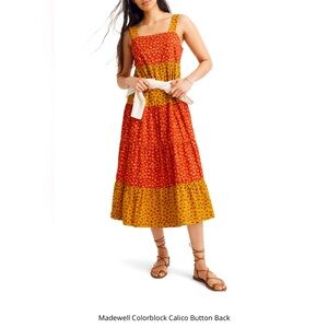 Madewell Colorblock Calico Midi Dress in Red and Mustard